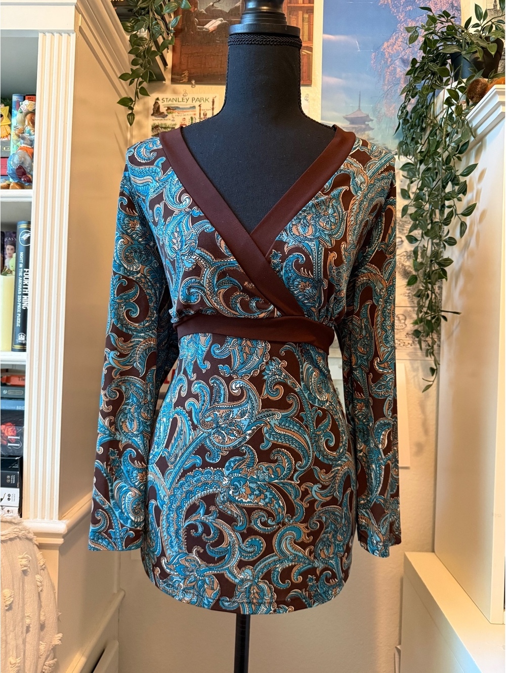 JKLA California Brown Turquoise Paisley Faux Wrap Top